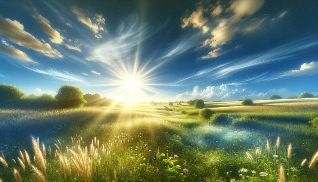 An illustration of a sunlit field showing the effects of sunlight on the environment.