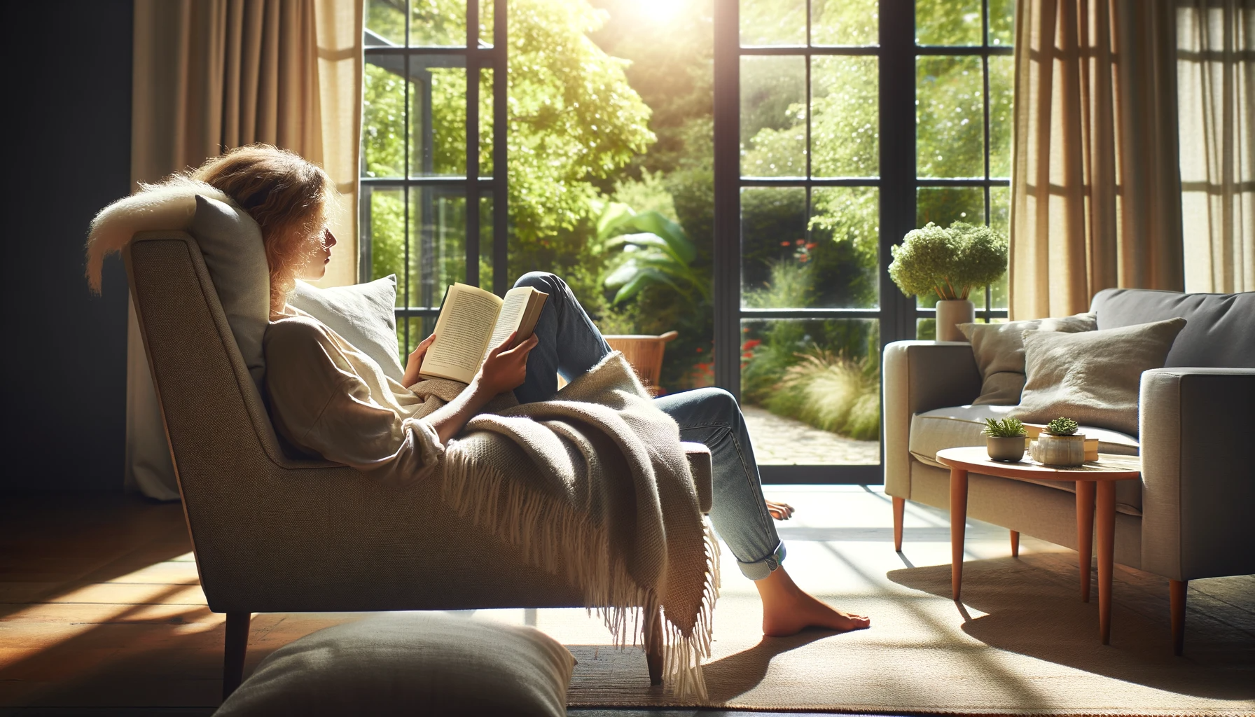 An image of a person in a relaxed posture, sitting on a cozy armchair with their head elevated with pillows, holding a book, with a soft blanket over their legs.