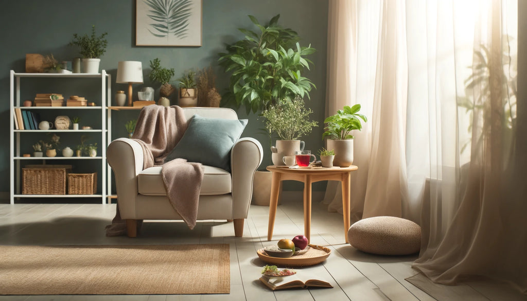 Cozy living room setup for relaxation with a book on nutritional healing and herbal tea