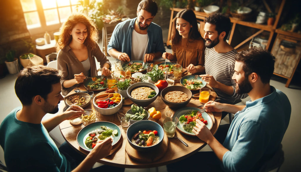 Friends enjoying a balanced meal together