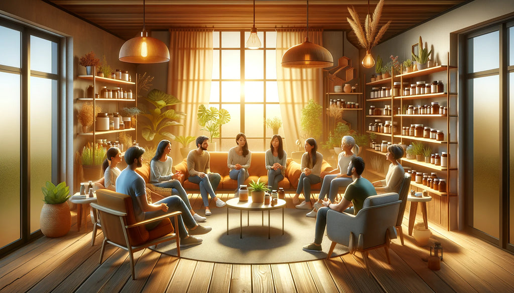 Group discussion on supplements in a living room