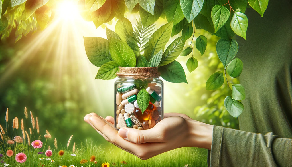 Hand holding jar of natural supplements in a garden