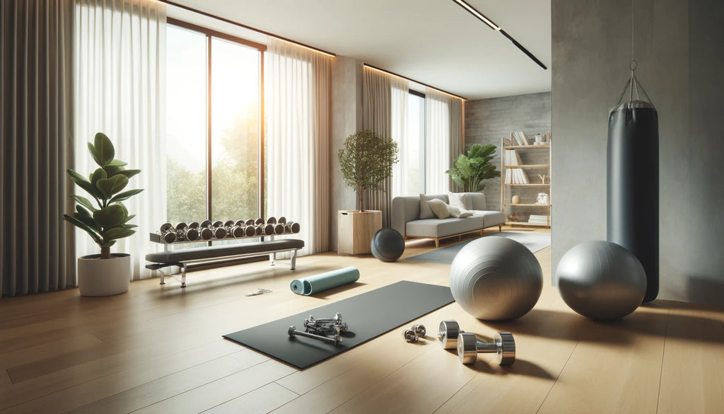 Modern home gym with light exercise equipment for post-surgery recovery