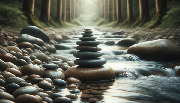 Serene image of pebbles stacked beside a gently flowing stream, symbolizing stability and healing progress