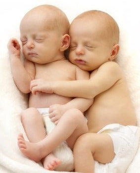 Two newborn babies sleeping next to each other