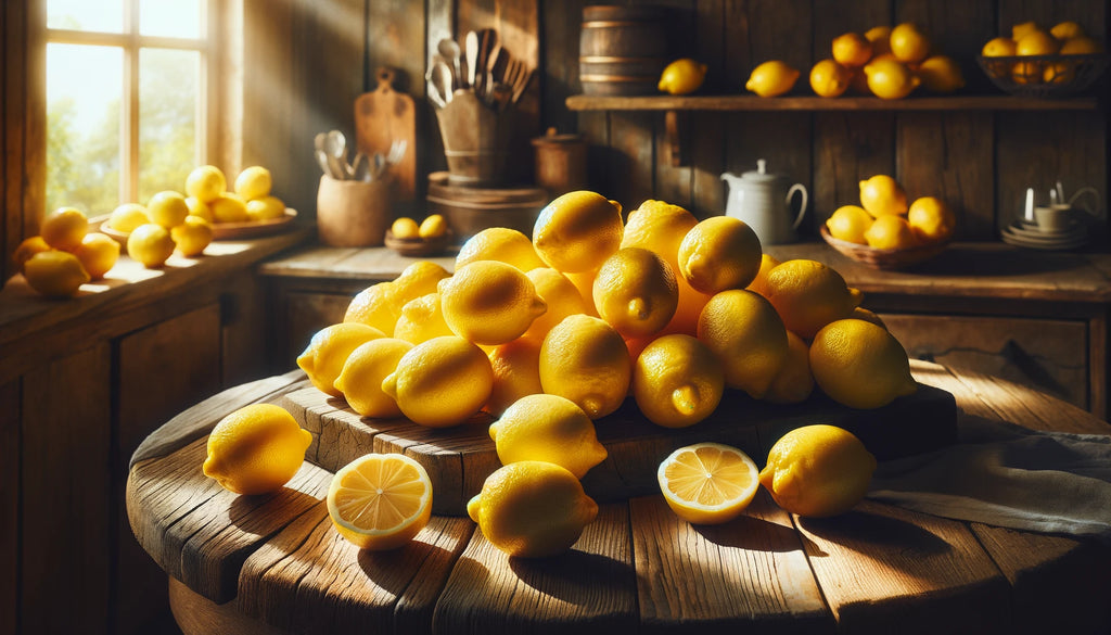 Vibrant display of fresh lemons on a rustic wooden table in a sunny kitchen, highlighting Vitamin C