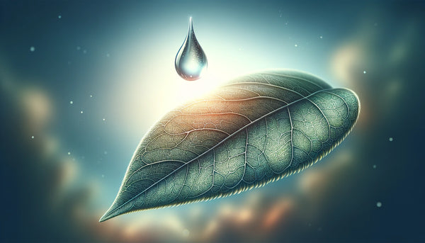 Water droplet suspended above a leaf symbolizing moisture retention