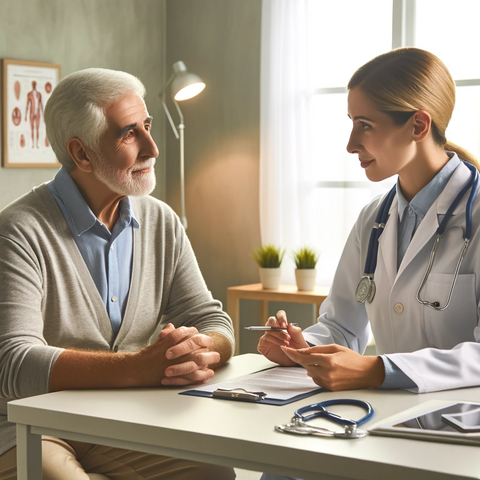 image depicting a calm and informative consultation scene between an older patient and a healthcare professional.