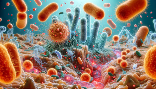 microscopic battle between bacteria and immune cells