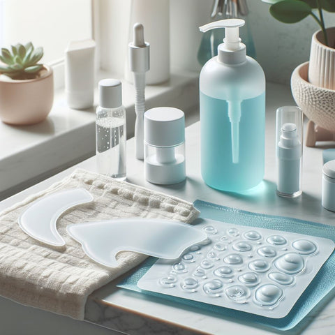 practical, everyday scene showing the silicone gel and sheets placed on a bathroom counter or vanity, alongside other skincare products.