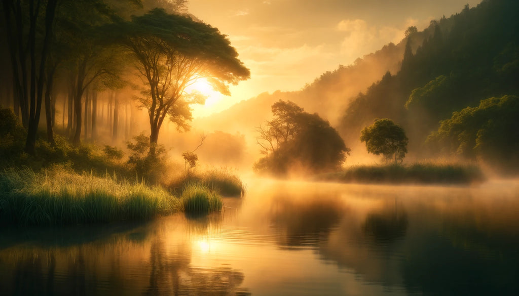 serene lakeside scene at sunrise with golden hues and a gentle mist representing healing