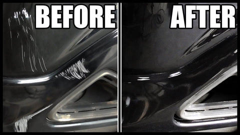 A black plastic bumper being polished with a specialized plastic polish, with the scratches gradually fading away to reveal a smooth and shiny surface.