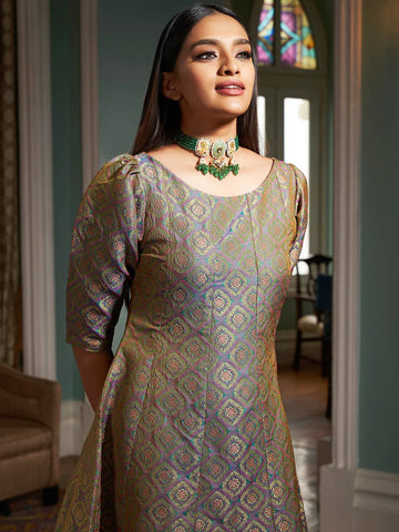 Pista Green Jacquard Banarasi Brocade A-line Dress 