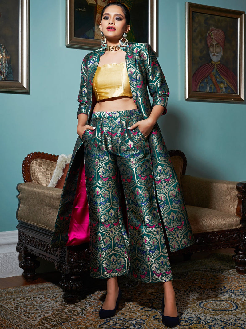 green jacquard banarasi brocade straight jacket with pant