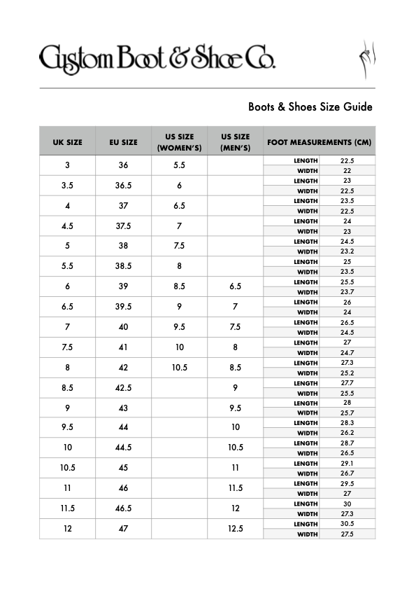 Boots & Shoes Size Guide – The Custom Boot & Shoe Company