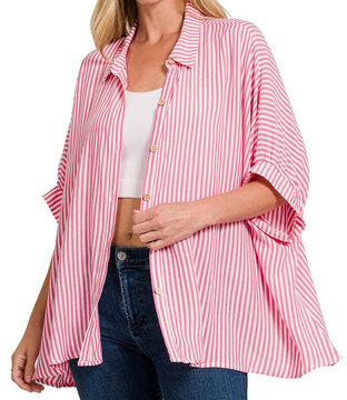 Oversized Striped Short Sleeve Button Up