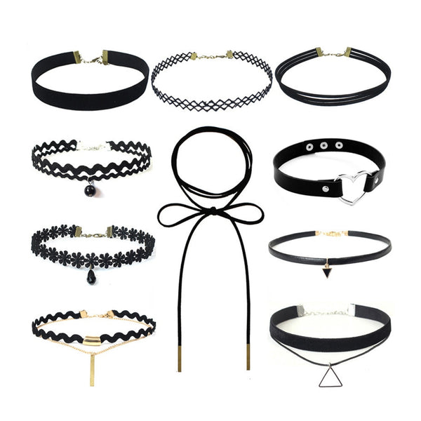 Funki Buys | Necklaces | Women's Mixed Black Leather Velvet Choker Set