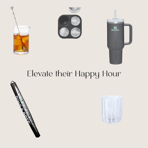 The picture contains images of gift ideas for Father's Day for men who enjoy cocktails and includes a cocktail mixing glass, ice cube mold, stanley cup, golf beer sleeve, and rocks glass.