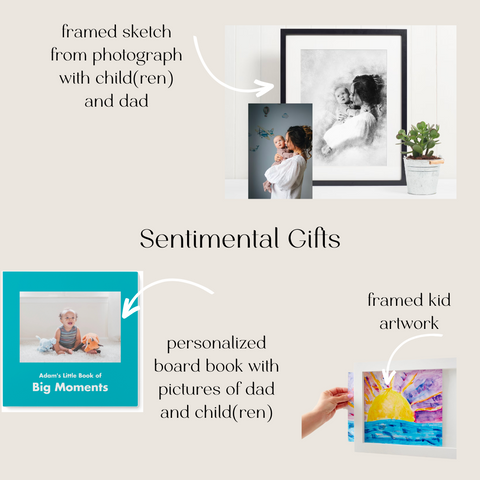 The picture contains images that show Father's Day gift ideas including a custom sketch from photograph, a cutom board book and a picture frame to display a child's artwork.