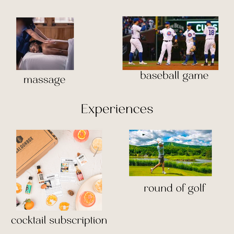 The image shows pictures of experiences you can gift a dad for a Father's Day gift including buying him tickets to a baseball game, arranging for him to play a round of golf, getting him a subscription to a cocktail box, and treating him to a massage.