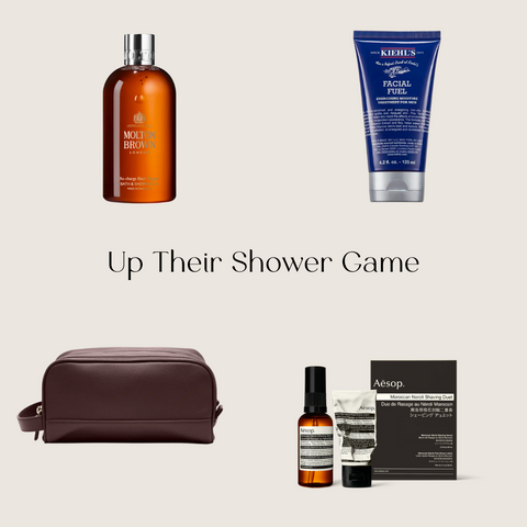 This image includes pictures of Father's Day gift ideas including Molton Brown body wash, Kiehl's face moisturizer, a leather Dopp kit, and a shaving serum and aftershave duo from Aesop. 