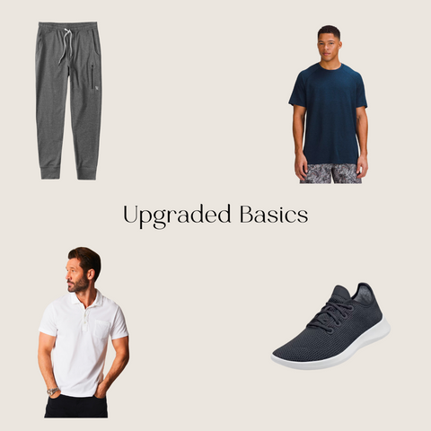 This image includes pictures of a few gift suggestions for Father's Day including a pair of vuori joggers, a lululemon training t-shirt, sustainable sneakers from Allbirds, and a pima cotton polo. 