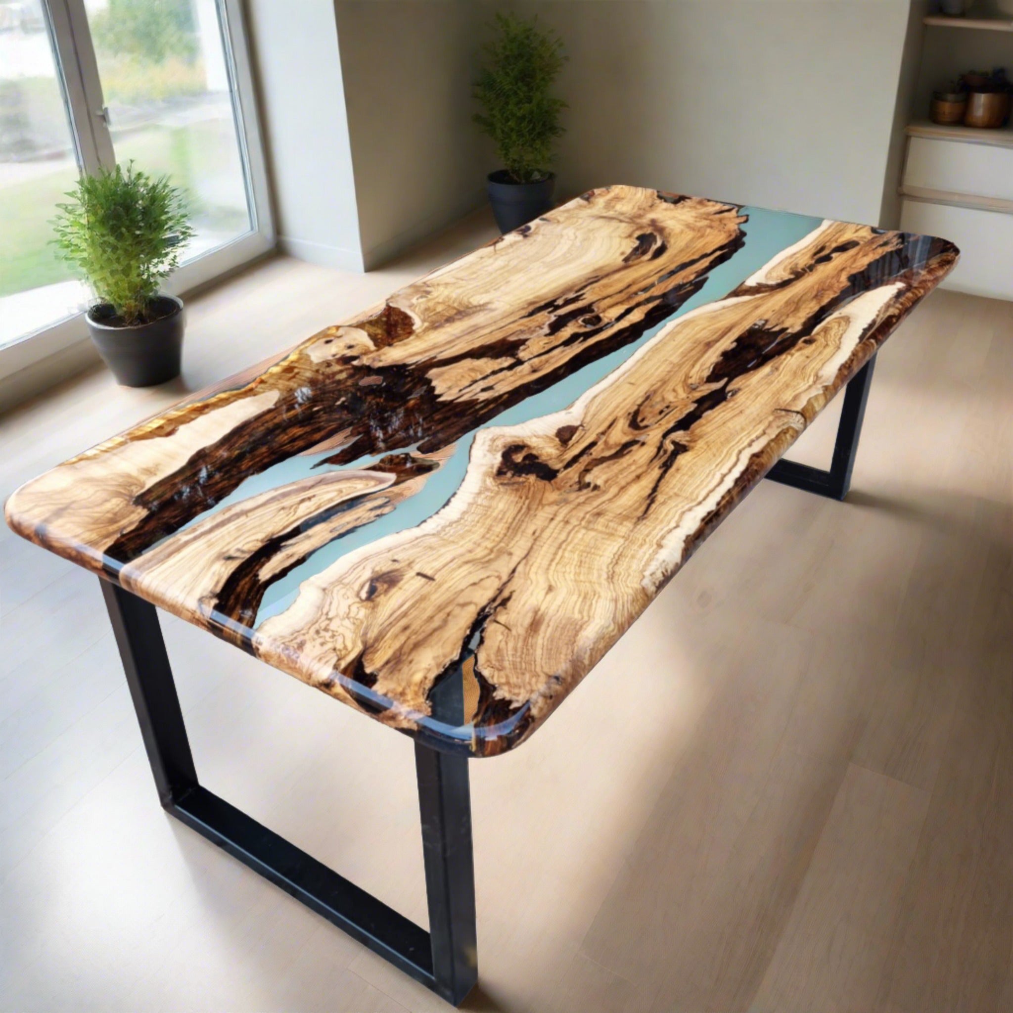 Live edge Clear Epoxy Table made from olive wood