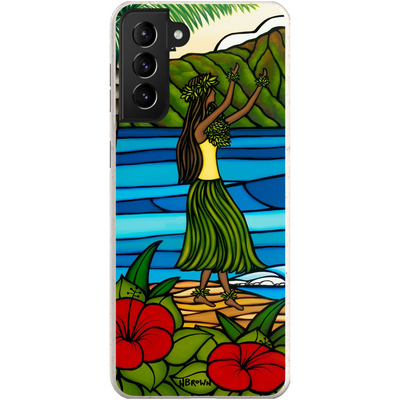 Samsung Galaxy S21 plus bio phone case with Hula Girl artwork design by Hawaii surf artist Heather Brown