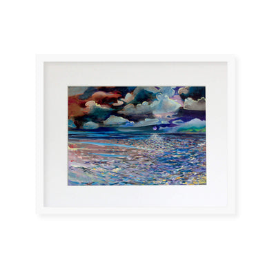 Framed matted art print of an abstract artwork depicting a full moon and a colorful seascape by Hawaii artist Saumolia Puapuaga