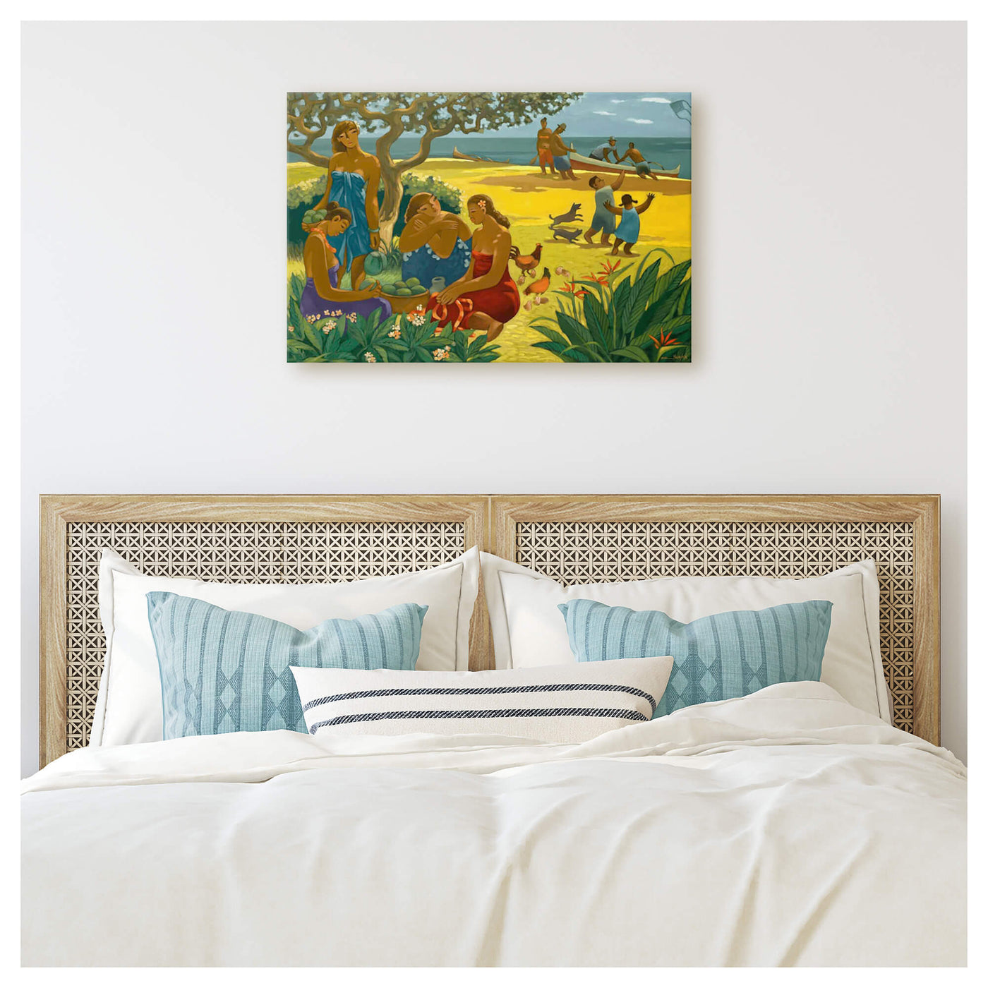 A canvas art print featuring Hawaiian beach activities with women gathering fruit, kids playing with dogs and chickens and men pulling in an outrigger canoe by Hawaii artist Tim Nguyen 
