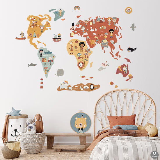 Mapamundi Mundo feliz - Ocre (*‿*), Vinilos infantiles decorativos para  niños