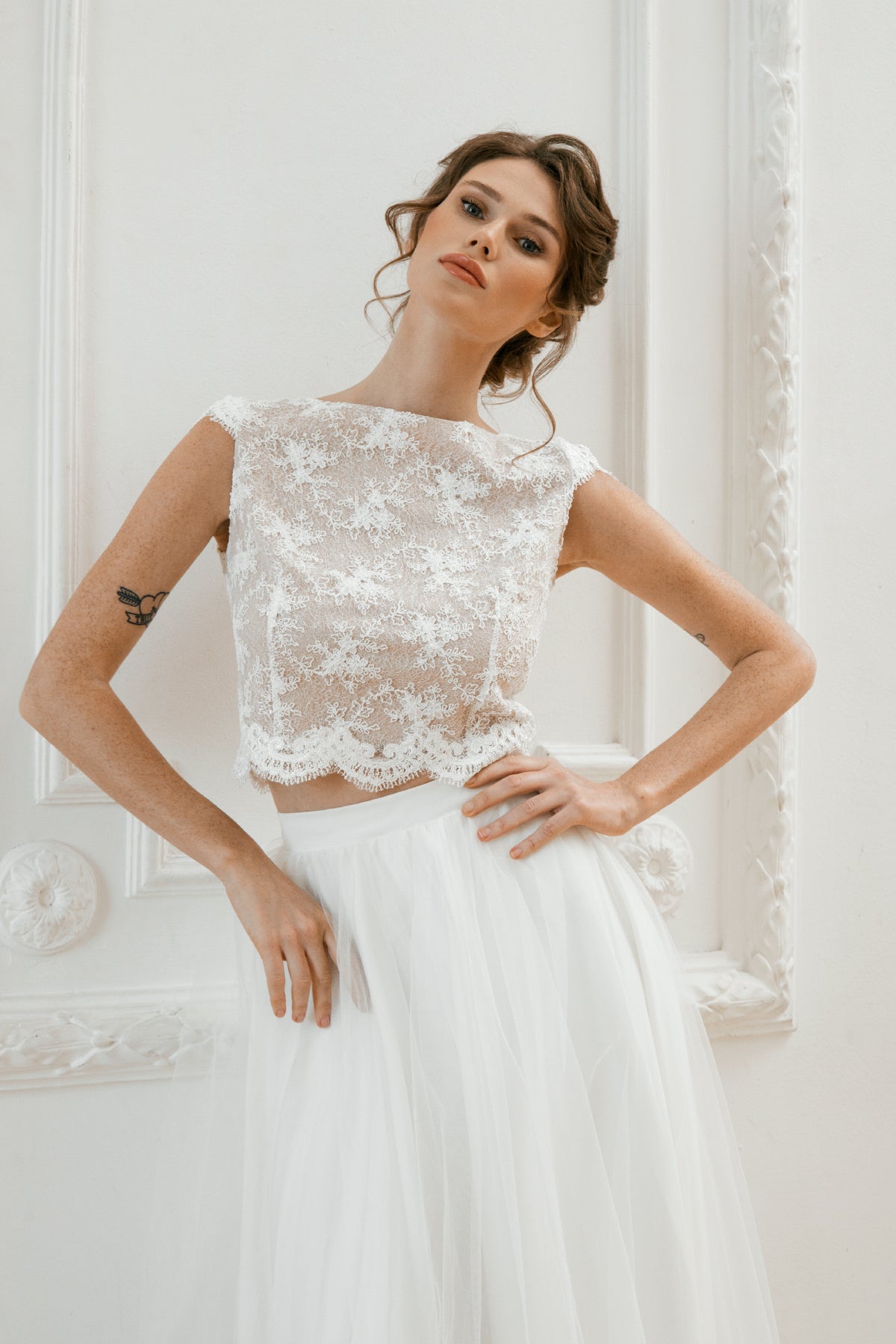 Casual Halter Long Lace Crop Top Tull Skirt Two Piece Wedding Dress Bridal  Separates Lace Top