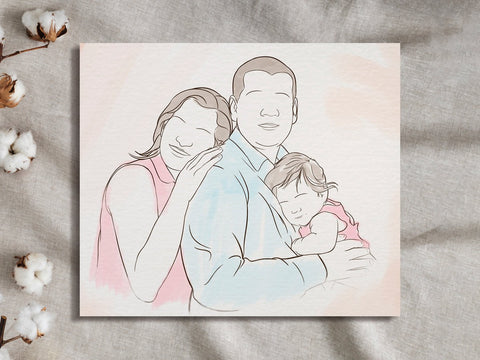 Line Art Portrait of A Family