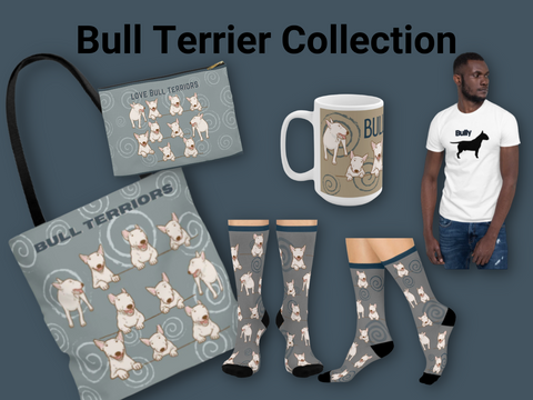 Collection of bull terrier tees, socks, and bags