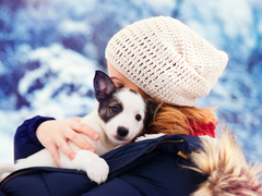woman holding little dog in the cold