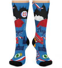 red, white, blue Prague-themed socks