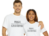couple wearing white Prague t shirts