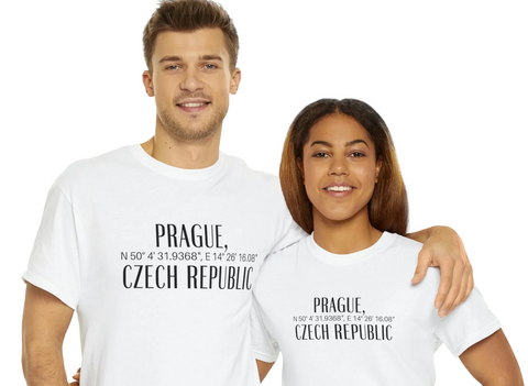 Man and woman wearing Prague shirts with coordinates