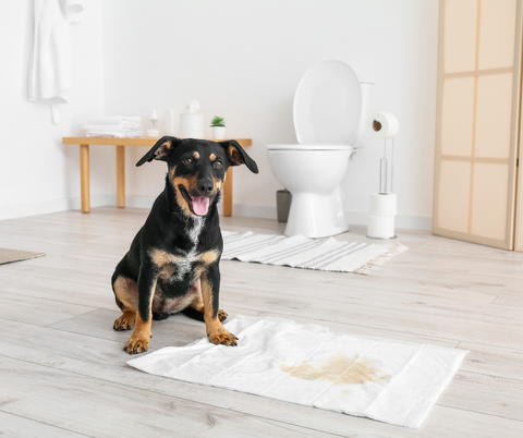 black and tan dog using pee pad in bathroom