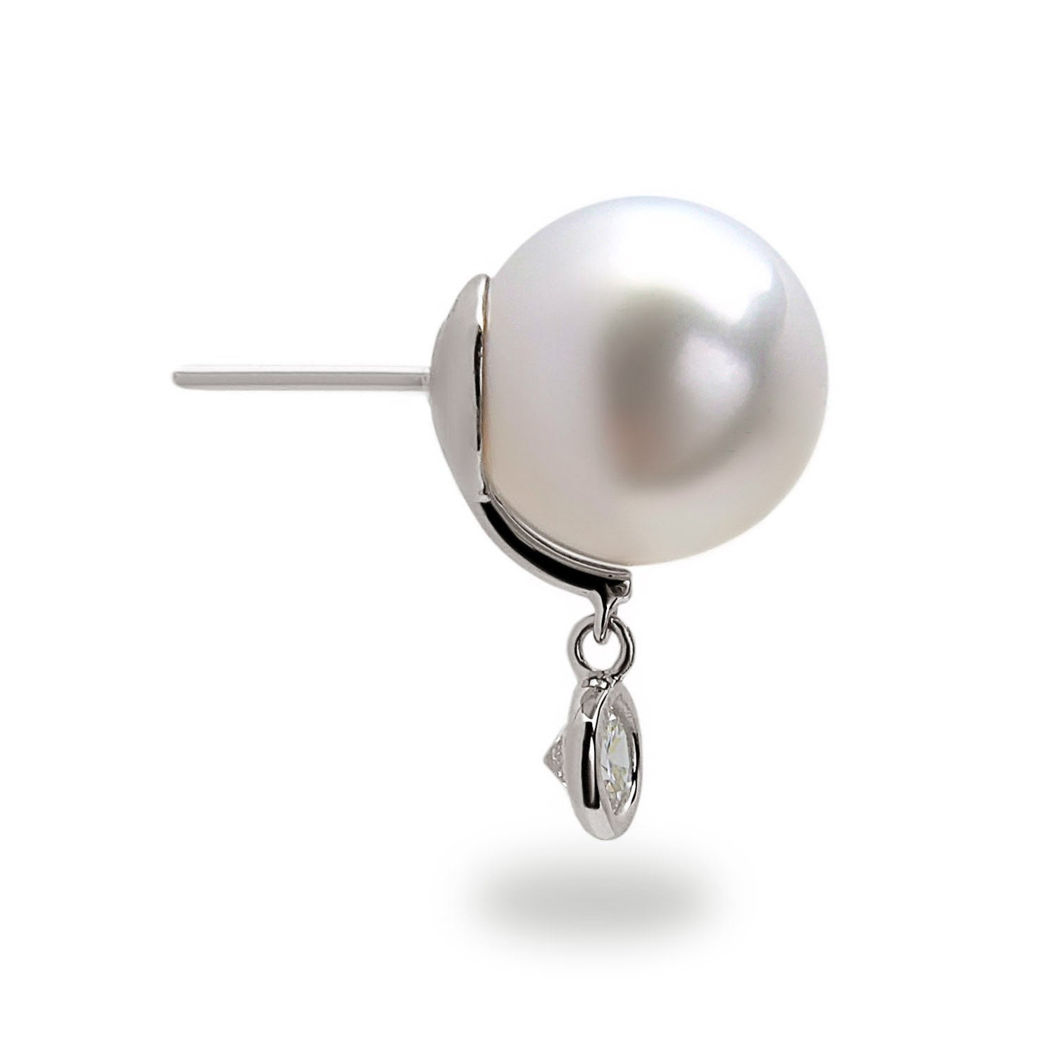 Dancing Diamond  Collection 9x10mm White South Sea Pearl and Bezel Diamond Earrings