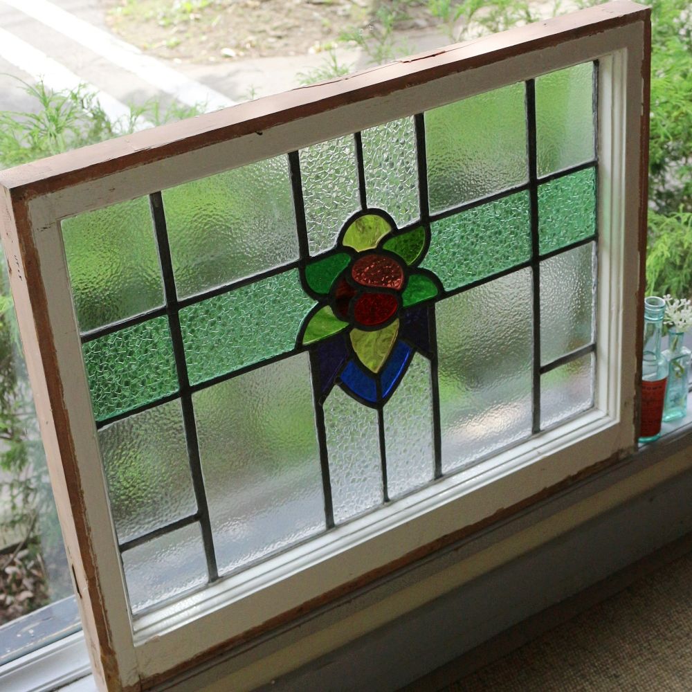 アンティークステンドグラス窓枠☆1920〜30年代イギリス製☆花草柄