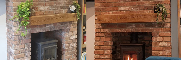 The same brick slip chimney breast at different times of day, one paler image and one more vivid.