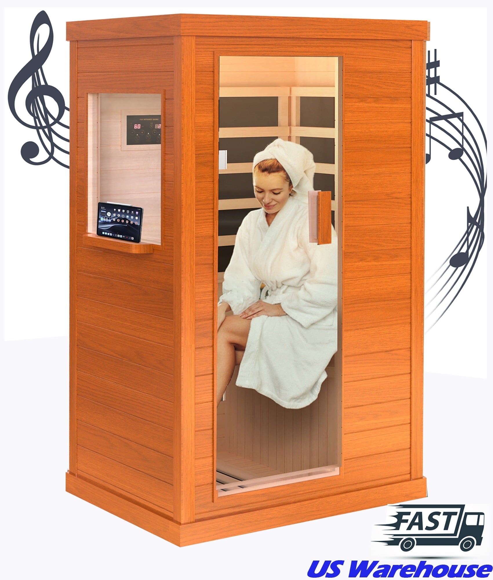 Seizeen Sauna for Home, 900W Far Infrared Sauna for Single Person, 360¡ãHeating Sauna Room with Independent Floor Heating, Dual Speakers, Ambient Lights, Tablet Holder, 77-140¨H, US Warehouse Delivery