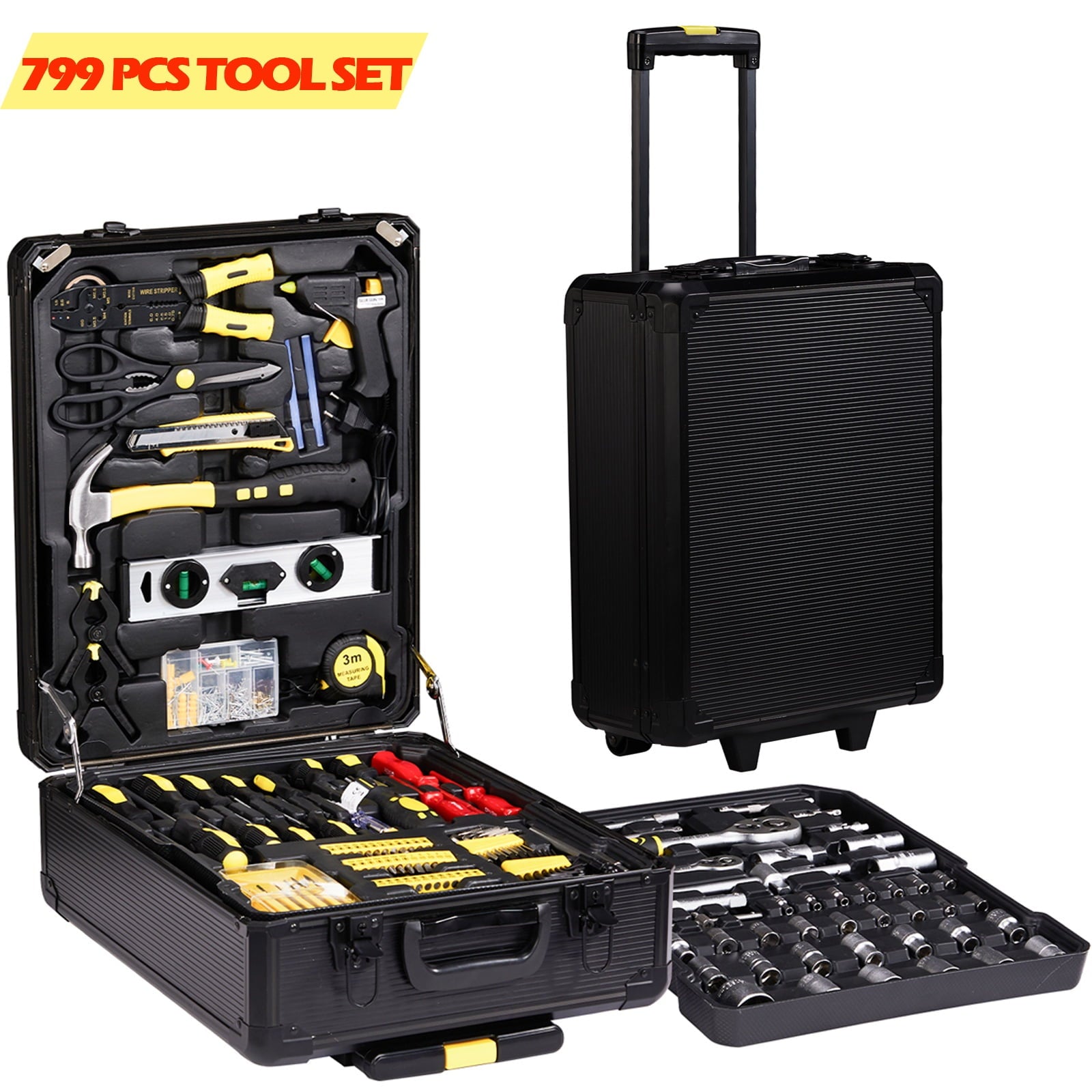 799 Pieces Professional Mechanics Hand Tool Set, Mobile Tool box on Wheels W/Ratchets&Socket, Screwdriver, Tongs, 4-layer Tool Case & Tool Kit, Silver