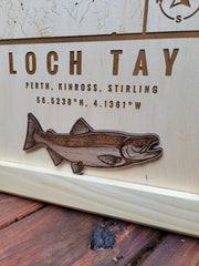 Wood map footer accent of a Salmon for Loch Tay