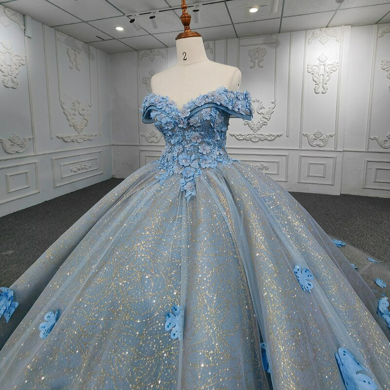 3D flower applique shiny lace blue ball gown evening gala quinceanera # ...