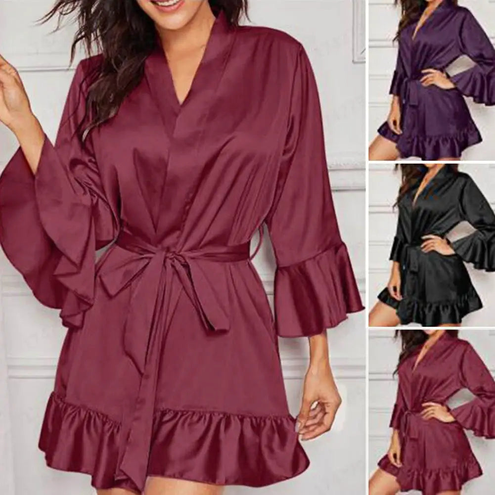 Ruffled Satin Robe with Flared Sleeves - Multiple Colors