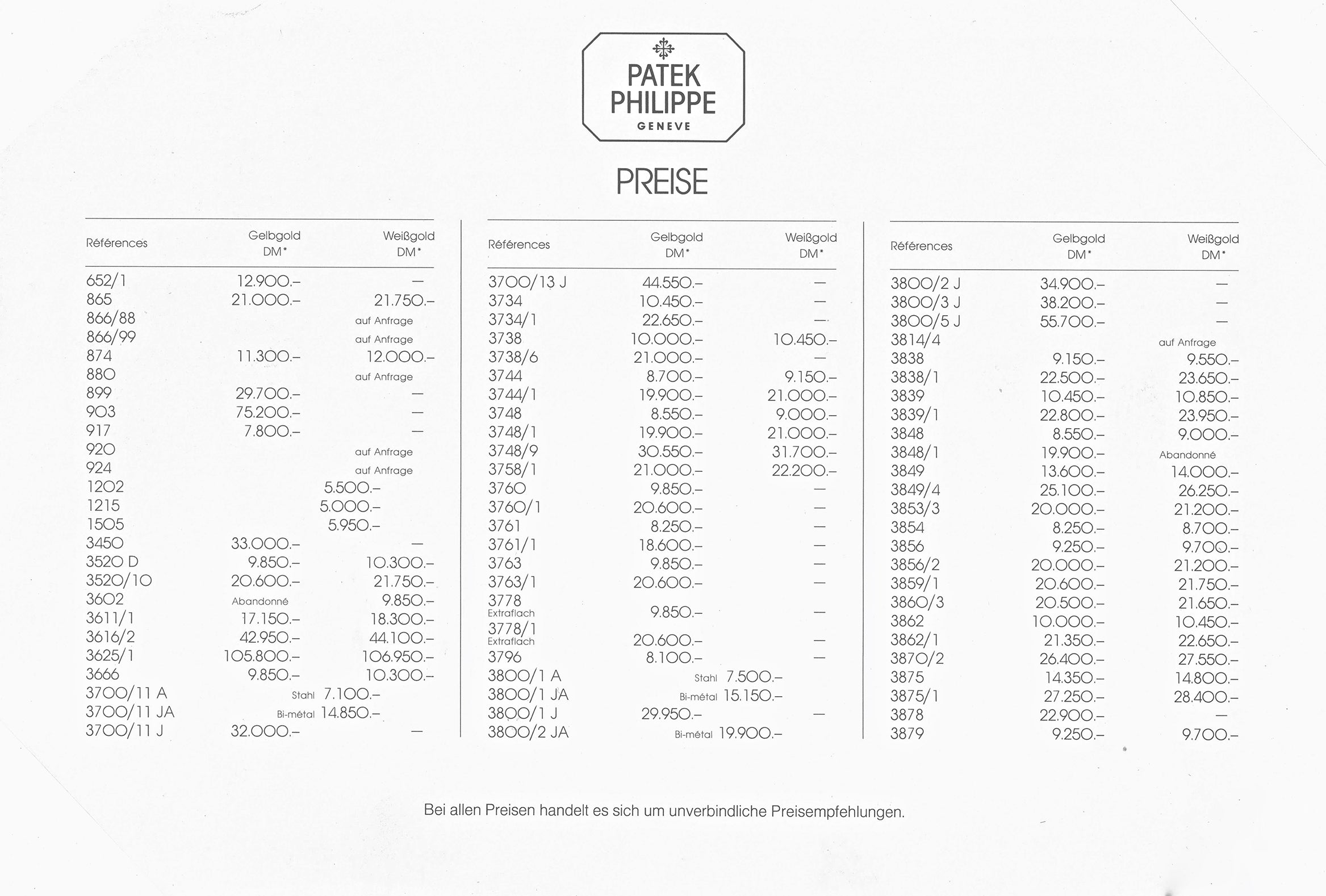 Patek Philippe price list from October 1982 from A Collected Man London