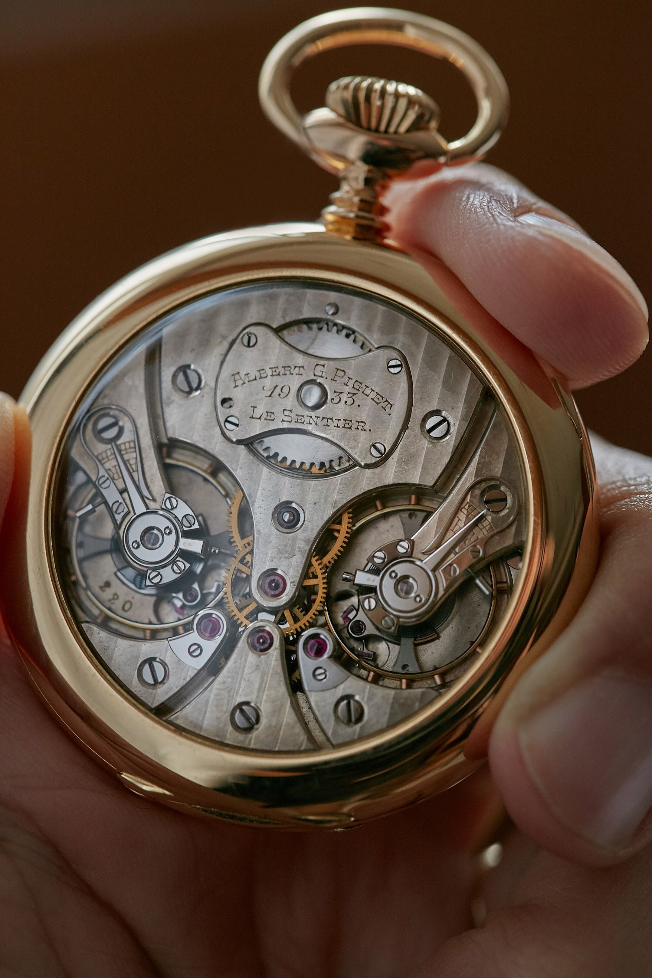 Piguet double escapement pocket watch in yellow gold movement for A Collected Man London