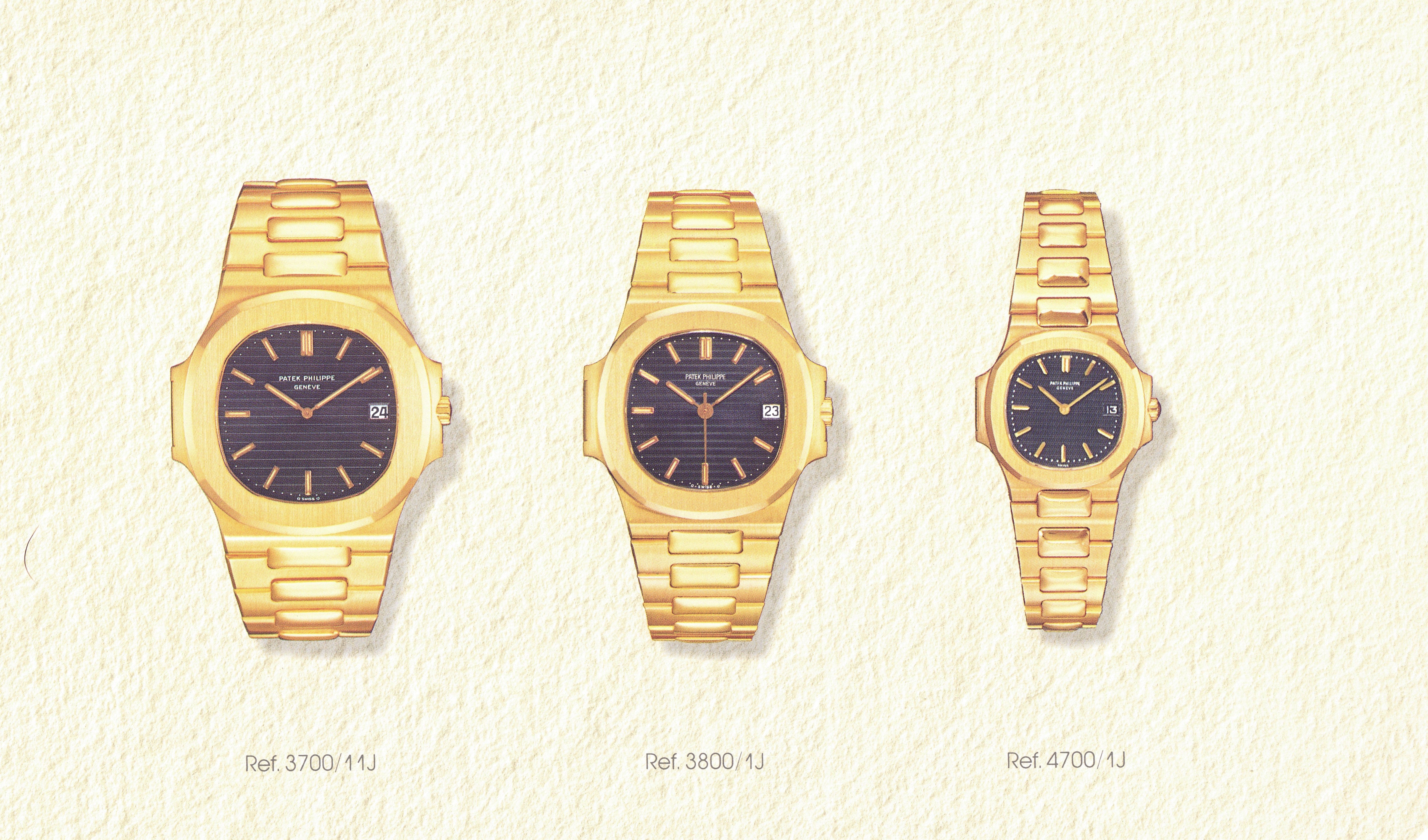 Three Patek Philippe Nautilius watches from an 1981 catalogue from A Collected Man London